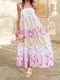 Daiiibabyyy  Elegant V-Neck Maxi Dress Sleeveless Ruffle Hem Evening Gown with Floral Print for Wedding Guest or Prom Party
