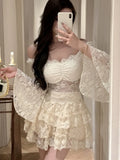 DAIIIBABYYY  -  Y2K Sweet Skirt Sutis Sexy Slash Neck Flare Long Sleeve Lace Short Top + Slim Waist A-Line Mini Skirt Womens Two Pieces Set New