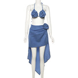 Daiiibabyyy Blue Irregular Skirt Sets Women Sexy Halter Crop Top and Midi Skirt Outfits Summer Fashion Flower Holiday Beach 2pc Set 2024