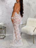 Daiiibabyyy  Elegant Solid Hollow Out Slimming Dresses for Women Square Collar Sleeveless Backless High Waist Lace Dress Female Fahsion