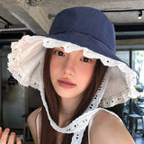 DAIIIBABYYY  -  Korean Simple Temperament Lace Blue Bucket Hat Women's Summer Fashion Vacation Big Brim Sunshade Strap Foldable Sun Cap Gorras