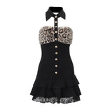 Daiiibabyyy  Elegant Party Dress Woman Evening Off Shoulder Dresses Sleeveless Dress Backless Mini Dress Leopard Print Black Halter Neck