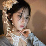 Daiiibabyyy  Fairy Irises Flower Long Fringe Acrylic Imitation Pearl Duckbill Hair Clips for Women Temperament Bridal Romantic Accessories
