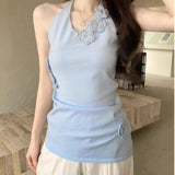 Daiiibabyyy  Sweet Three-dimensional Flower Halter Vest for Women in Summer Design Slim Base Sweet and Spicy Back Top