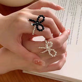 Daiiibabyyy  Bow Glass Bead Ring Fashionable Y2K Sweet Exquisite Transparent Bead Three-Layer Design Ring Daily Party Wedding Jewelry Gifts