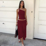 Daiiibabyyy  Casual Solid Color Off Shoulder Sleeveless Crop Top High Waist Ruffle Mini Dress with Ruched Waistband Asymmetrical Hem in
