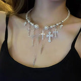 Daiiibabyyy  Cross Rivet Tassel Pearl Beaded Choker Women Cool Trendy Gothic Style Necklace y2k Fashion Jewelry