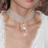 Daiiibabyyy  Korean Kpop Sweet Lace Strap Choker Necklace for Women Girls Cool CZ Cross Pendant Clavicle Chain Gothic Jewelry Party Gift