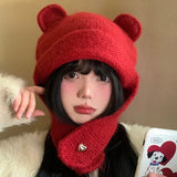DAIIIBABYY  -  Retro New Year's Red Cute Bear Ears Balaclava Hats for Women Autumn Winter Casual Warm Fashion Versatile Knitted Beanies Y2k
