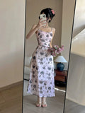 DAIIIBABYYY  -  New Blue Floral Mesh Chic Sling Maxi Dress Women Elegant Casual Beach Style Dress Summer Korean Fashion Bodycon Party Dress