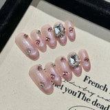Daiiibabyyy  10pcs Glossy Pink Press On Nails Handmade Flash Cat's Eye False Nails 3D Flower Golden Edge Designs Fake Nail Tips For Women
