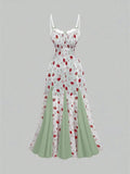 Daiiibabyyy  Pink Strawberry Floral Sheer Mermaid Dress With Lace Trim And Thin Straps For Spring Summer