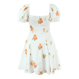 Daiiibabyyy  Retro White Flower Bow Ruched Chest Lace Slash Collar Satin Mini Dress Women Short Puff Sleeve Low Waist Swing Dresses Robe