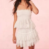 Daiiibabyyy  Spicy Girl Embroidered Hollow Pleated Camisole With Elastic Waist Skirt White Eyelet Embroidery Top And Ruffle Mini Skirt ZM2N