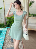 DAIIIBABYYY  -  Women Green Knitted Short Sleeve O-Neck Mini Dress Summer Pleated Bodycon Hip Wrap Dress 2025 Korean Fashion Casual Party Dress