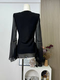 DAIIIBABYYY  -  2025 Spring Women French Vintage Old Money V-Neck Shirt Long Sleeve 2000s Aesthetic Blouses Elegant Tops Design Rhinestone Chic