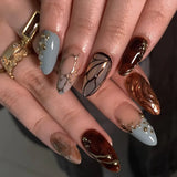 Daiiibabyyy  24Pcs French White Gradient Almond Press on Nails Flower Pattern False Nails with 3D Rhinestone Design Fake Nail Art