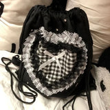 Daiiibabyyy  Lace Plaid Love Heart Mochilas Mujer Sweet Cute Bow Mochila Drawstring Bag Portable Lightweighte Backpack Y2k Bags for Woman