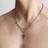 Daiiibabyyy  Hiphop Punk Long Cross Necklaces for Women Men Punk Double Layer Splicing Chain Necklace Charm Trend Neck Jewelry Halloween Gift