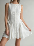 Daiiibabyyy  Summer Woman Dress Sleeveless Backless Dresses Women's Ruched Waist White Mini Dress Tie Back Pleated Skirt A Line Dress