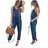 Daiiibabyyy  Casual Women Jumpsuit Sleeveless High Waist Button Front Romper Light Blue Straight Leg Solid Color Denim Jumpsuit Drawstring