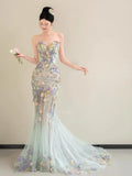 Daiiibabyyy  Floral Mermiad Long Wedding Dresses Women Elegant Strapless Sleeveless Formal Birthday Evening Party Dress Customized Prom Gowns