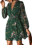 Daiiibabyyy Women's Floral Print Chiffon A-Line Mini Dress Long Peasant Sleeves Hot Selling Dress V-neck Elegant Printed Floral Perspective