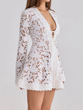 Daiiibabyyy  Lady Fashion Hight Waist Tie-Up Party Dress Elegant Lace Embroidery Hollow Beach Dress V-neck Long Sleeve Sexy White Short Dress