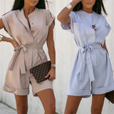 Daiiibabyyy  Summer Clothes Women's Jumpsuit Capri Sleeve Romper Beige Elastic Waist Short Jumpsuit Light Blue Loose Fit Casual Jumpsuit