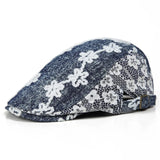 DAIIIBABYYY  -  Flower Embroidery Blue Denim Forward Hat Women Japanese Spring and Summer Lace Splicing Retro Short-brimmed Sunshade Newsboy Cap