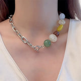 Daiiibabyyy  Creative Contrast Color Oval Round Geometric Natural Stone Strand Irregular Pendant Necklaces Women Silver Chain Chokers