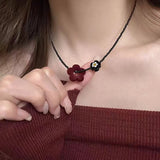 DAIIIBABYYY  -  Trendy Velvet Flower Bead Necklace New Simple Y2K Dark Punk Collarbone Chain Choker Women Girls Necklace Party Jewelry Gift