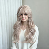 Daiiibabyyy  Long Wavy Pink Synthetic Wig with Bangs For Women Daily Wear Lolita Cosplay Heat-Resistant Natural For Women party Daily Use