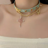 Daiiibabyyy  Green Butterfly Necklace Choker French Sweet Vintage Temperament Cross Tassel Collarbone Chain Harajuku Choker Y2k Jewelry