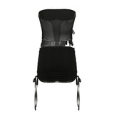 DAIIIBABYYY  -  Women Club Party Sexy Skirt Suits Transparent Mesh Split Tube Top and Drawstring Low Rise Mini Skirts Two Piece Sets Lady