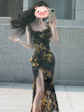 Daiiibabyyy  Summer Floral Print Wrap Dress Women's High Waist Bandage Skirt Elegant French Style Tea Break Vest Top Gown for Ladies