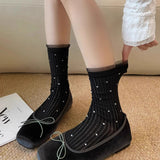 Daiiibabyyy  Fashion Women's Ballet Style Lace Edge Mid Tube Socks Spring Summer Sweat Absorbing Breathable Polka Dot Pattern Casual Socks