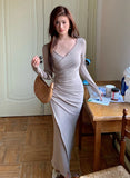 Daiiibabyyy  Autumn Winter French Casual Long Sleeve Women Solid Split Package Hip Dress Elegant chic Slim V-neck Ladies Skinny Bodycon Dress
