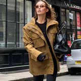 DAIIIBABYYY  -  Women Casual Solid Windbreaker Jacket Fashion Lapel Single Breasted Big Pocket Overcoat 2024 Autumn Winter Commute Outerwear