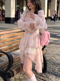DAIIIBABYYY  -  Korean Print Ruffles Pink Mini Dress Slim Wasit Fairy Puff Sleeve Ball-Gown Square-Collar Vestidos 2025 Summer Chic New Clothes