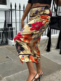 Daiiibabyyy  Vibrant Floral Print High-Waisted Midi Skirt Front Split Hem Straight Summer Women Pencil Skirt Chic Casual Lady Bottoms