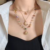 Daiiibabyyy  Colourful Irregular Beaded Necklace Set for Women Exquisite 3Pcs Star Moon Sun Pendant Necklace Retro Boho Versatile Jewelry New