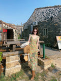 Daiiibabyyy  French Vintage Green Floral V-neck Small Flying Sleeves Long Dress for Women Summer Waist Slimming Sweet Sleeveless Beach Dress