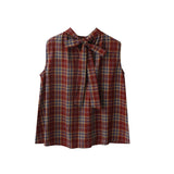 DAIIIBABYYY  -  Sweet Girl French Retro Plaid Bow Lace-up Sleevelss Shirts Women's Summer Loose Casual Slimming Pullover Tops Female Clothing