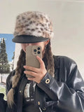 Daiiibabyyy  Designer Imitation Fur Splicing Berets Women Korean Version Fashion British Leather Brim Painter Newsboy Hat Tide Autumn Winter