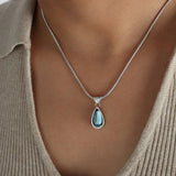 DAIIIBABYYY  -  Stainless Steel Water Drops Blue Crystal Necklace Women's Waterproof No Fading Clavicle Chain Snake Bone Titanium Steel Jewelry