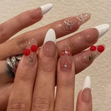 Daiiibabyyy  White Glitter Powder Bowknot Long Pointed Fake Nails Art Ballet False Nail Cow Print Pearl Rhinestone Pink Almond Press on Nails