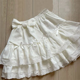 Daiiibabyyy  Japanese Style Soft Girl Kawaii Sweet Mini Ruffle Cake Skirt with Bow Solid White A Line Student Lace Kpop Casual Loose Skirts