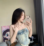 Daiiibabyyy  American Denim Simple Chest-top Small Crowd  Edge Design Sense of Top Korean Fashion Clothing Cute Tops Denim Tank Tops