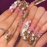 Daiiibabyyy  24pcs Detachable Long Water Pipe False Nails French Sparkling Rhinestone Nail Tips Full Cover Green Daisies Press on Nails DIY